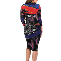 Philippines Sun Tattoo Long Sleeve Bodycon Dress Feathers Filipinas Grunge Style Black