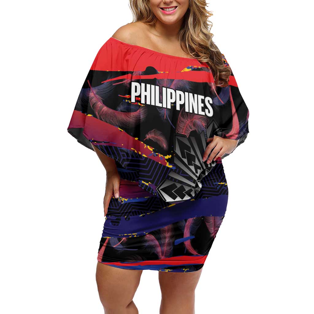 Philippines Sun Tattoo Off Shoulder Short Dress Feathers Filipinas Grunge Style Black