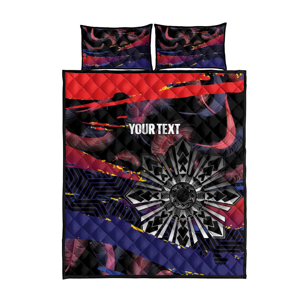 Philippines Sun Tattoo Quilt Bed Set Feathers Filipinas Grunge Style Black