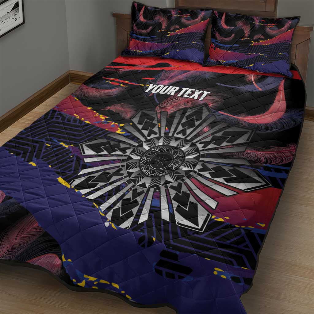 Philippines Sun Tattoo Quilt Bed Set Feathers Filipinas Grunge Style Black