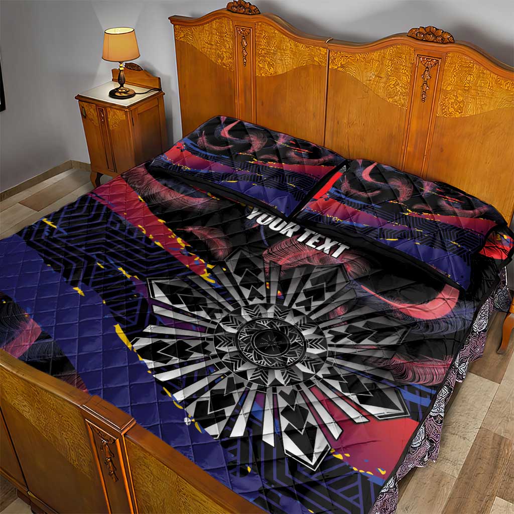 Philippines Sun Tattoo Quilt Bed Set Feathers Filipinas Grunge Style Black