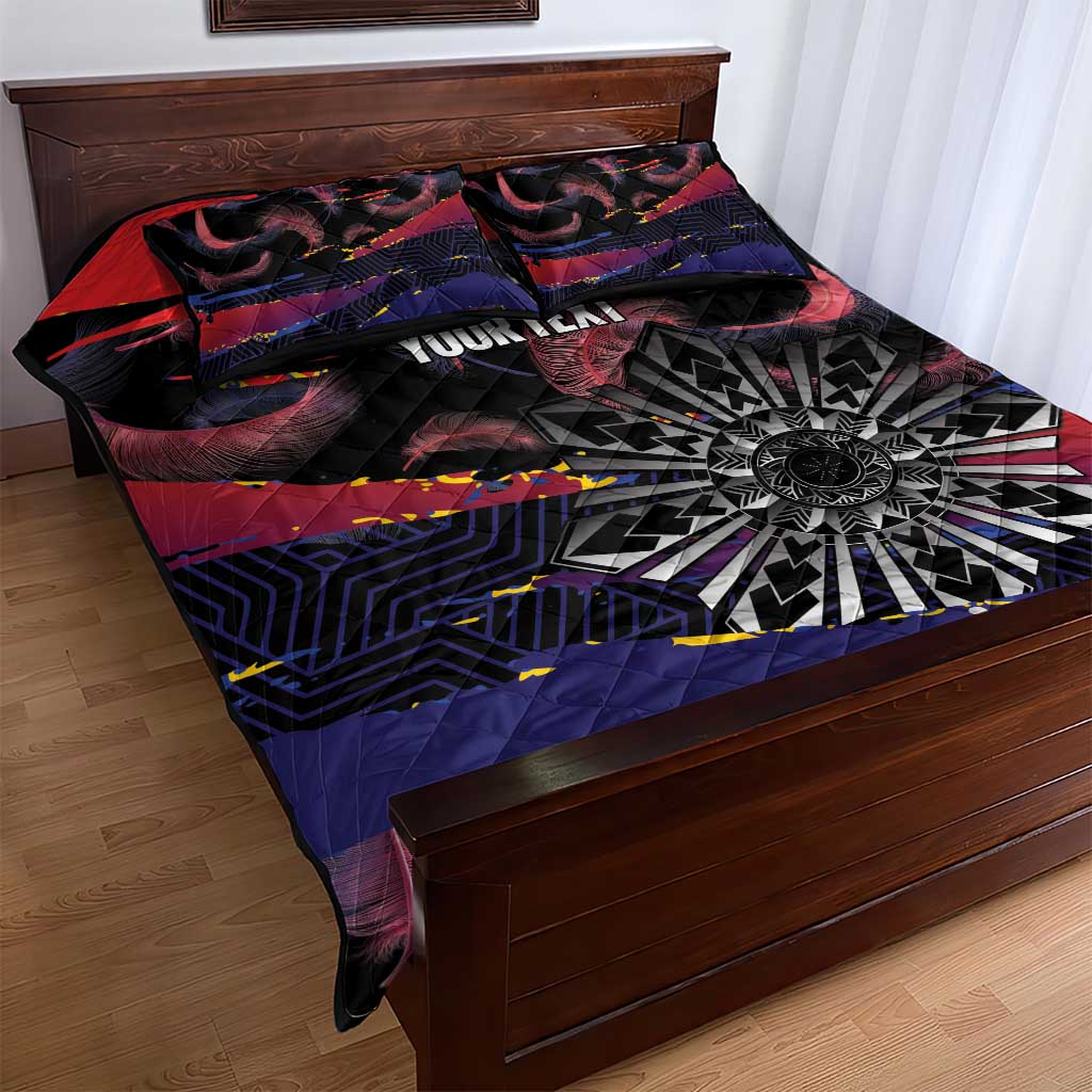 Philippines Sun Tattoo Quilt Bed Set Feathers Filipinas Grunge Style Black