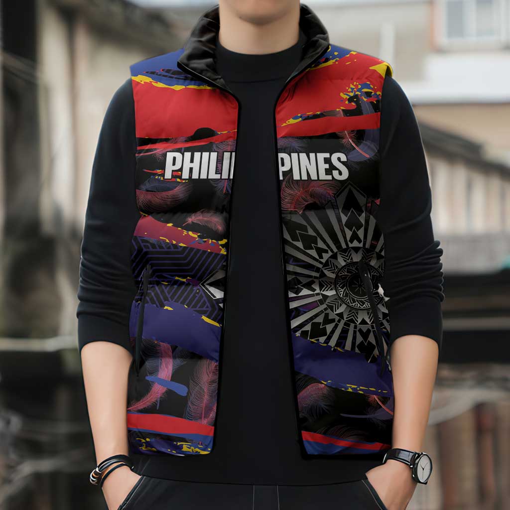 Philippines Sun Tattoo Sleeveless Puffer Jacket Feathers Filipinas Grunge Style Black