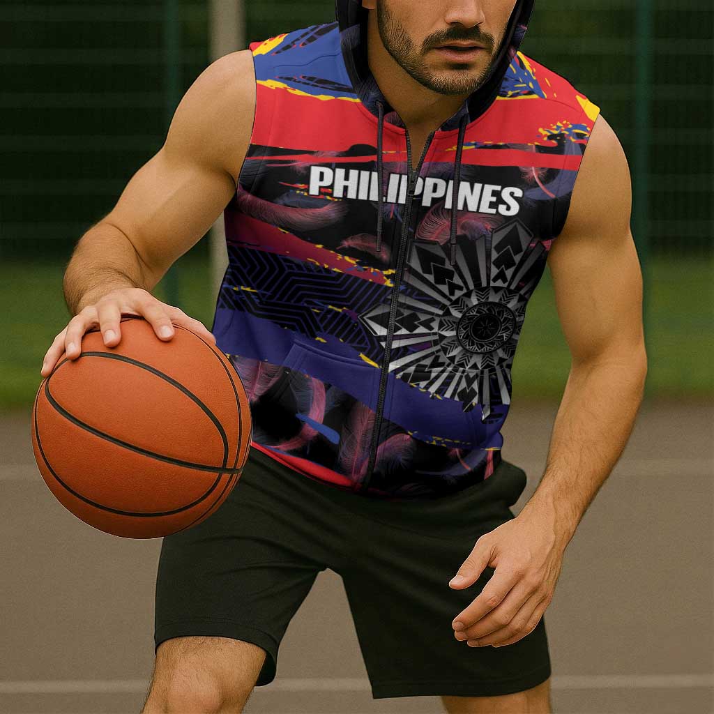 Philippines Sun Tattoo Sleeveless Zip Hoodie Feathers Filipinas Grunge Style Black