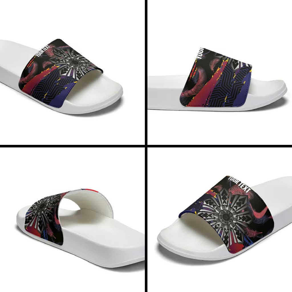 Philippines Sun Tattoo Slide Sandals Feathers Filipinas Grunge Style Black