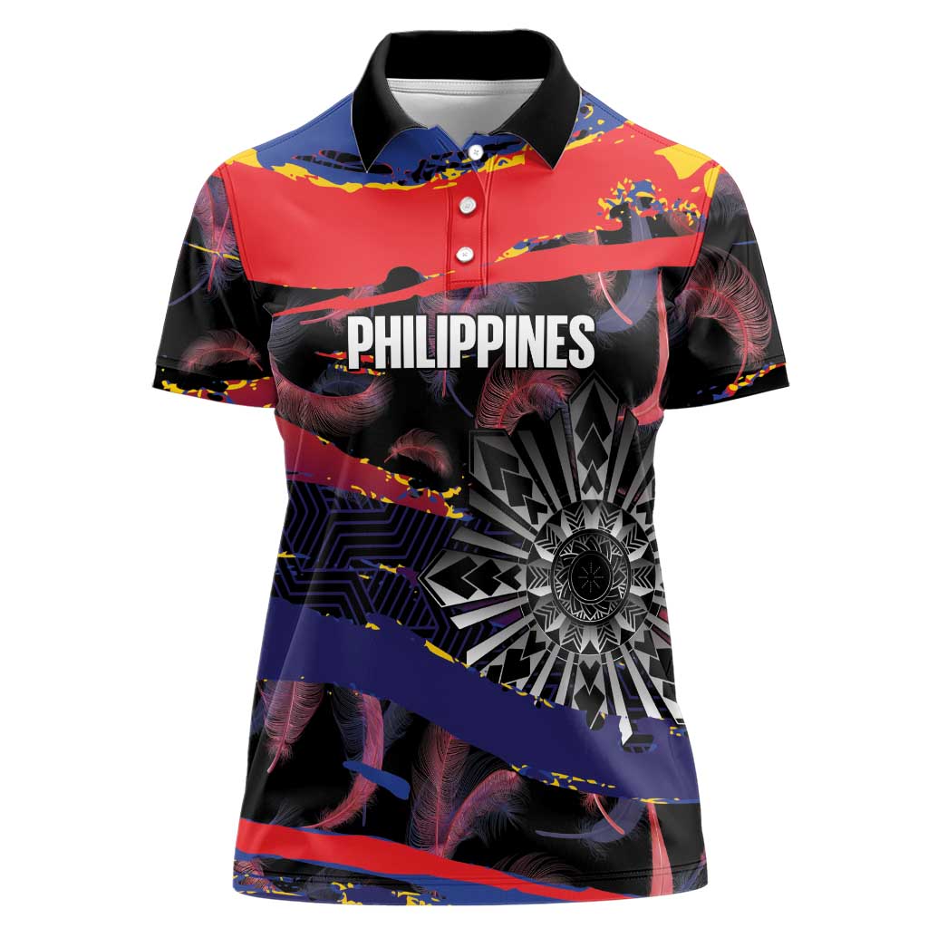 Philippines Sun Tattoo Women Polo Shirt Feathers Filipinas Grunge Style Black