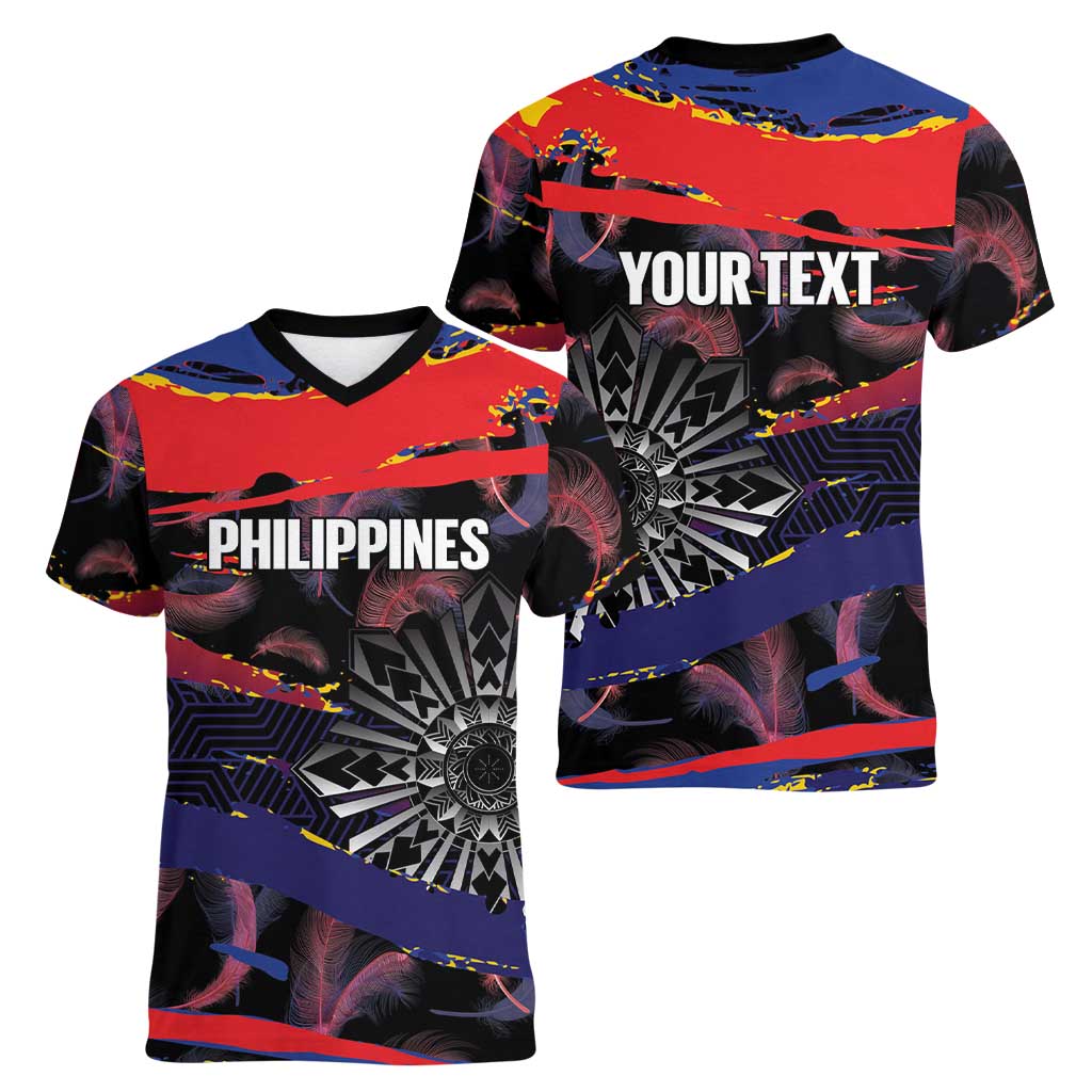 Philippines Sun Tattoo Women V-Neck T-Shirt Feathers Filipinas Grunge Style Black