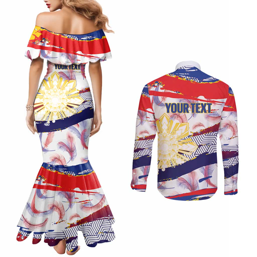 Philippines Sun Tattoo Couples Matching Mermaid Dress and Long Sleeve Button Shirt Feathers Filipinas Grunge Style White