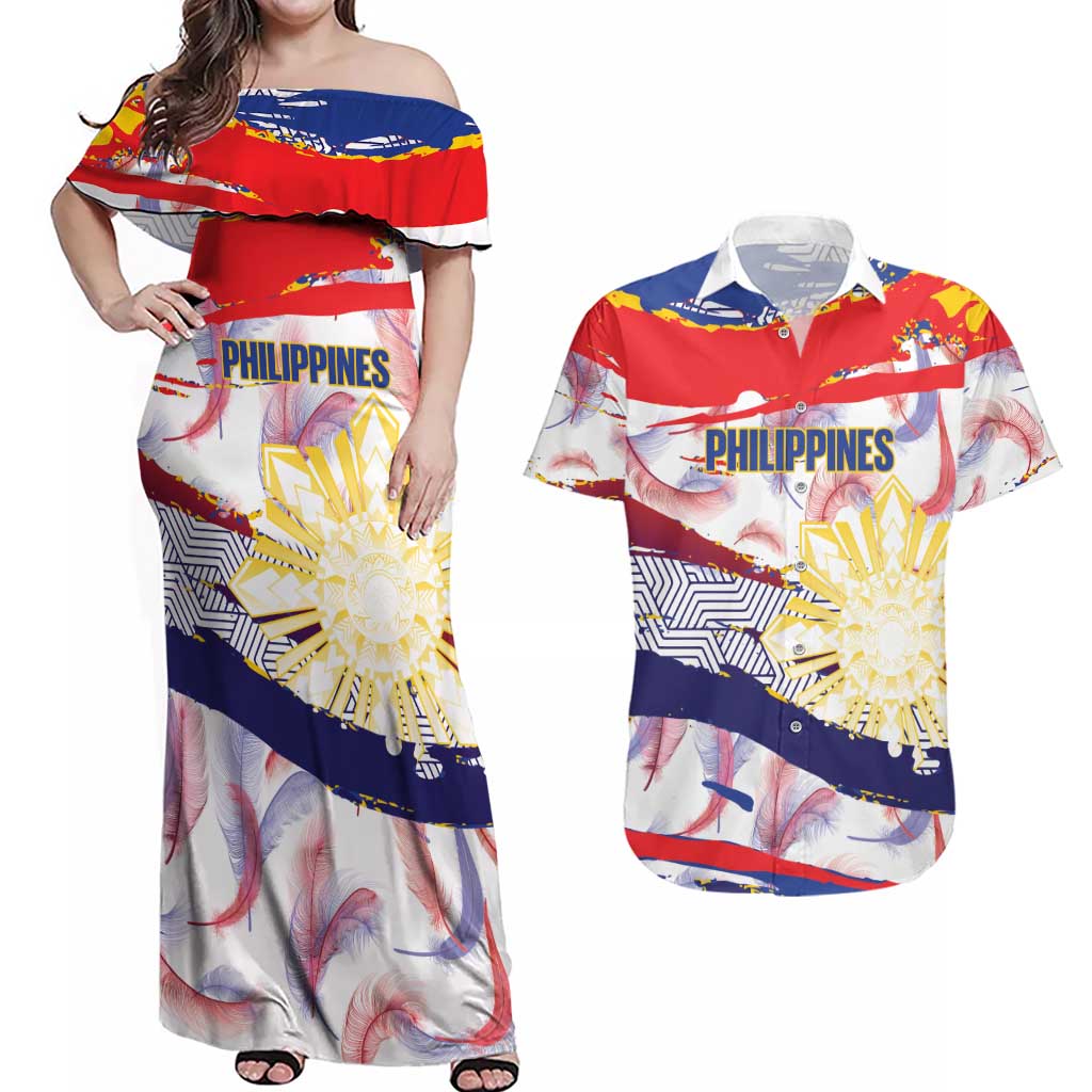 Philippines Sun Tattoo Couples Matching Off Shoulder Maxi Dress and Hawaiian Shirt Feathers Filipinas Grunge Style White