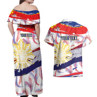 Philippines Sun Tattoo Couples Matching Off Shoulder Maxi Dress and Hawaiian Shirt Feathers Filipinas Grunge Style White