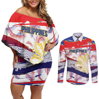 Philippines Sun Tattoo Couples Matching Off Shoulder Short Dress and Long Sleeve Button Shirt Feathers Filipinas Grunge Style White