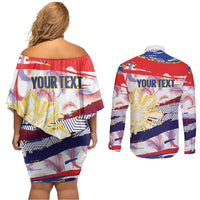 Philippines Sun Tattoo Couples Matching Off Shoulder Short Dress and Long Sleeve Button Shirt Feathers Filipinas Grunge Style White