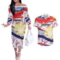 Philippines Sun Tattoo Couples Matching Off The Shoulder Long Sleeve Dress and Hawaiian Shirt Feathers Filipinas Grunge Style White