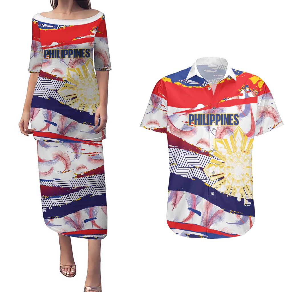 Philippines Sun Tattoo Couples Matching Puletasi and Hawaiian Shirt Feathers Filipinas Grunge Style White