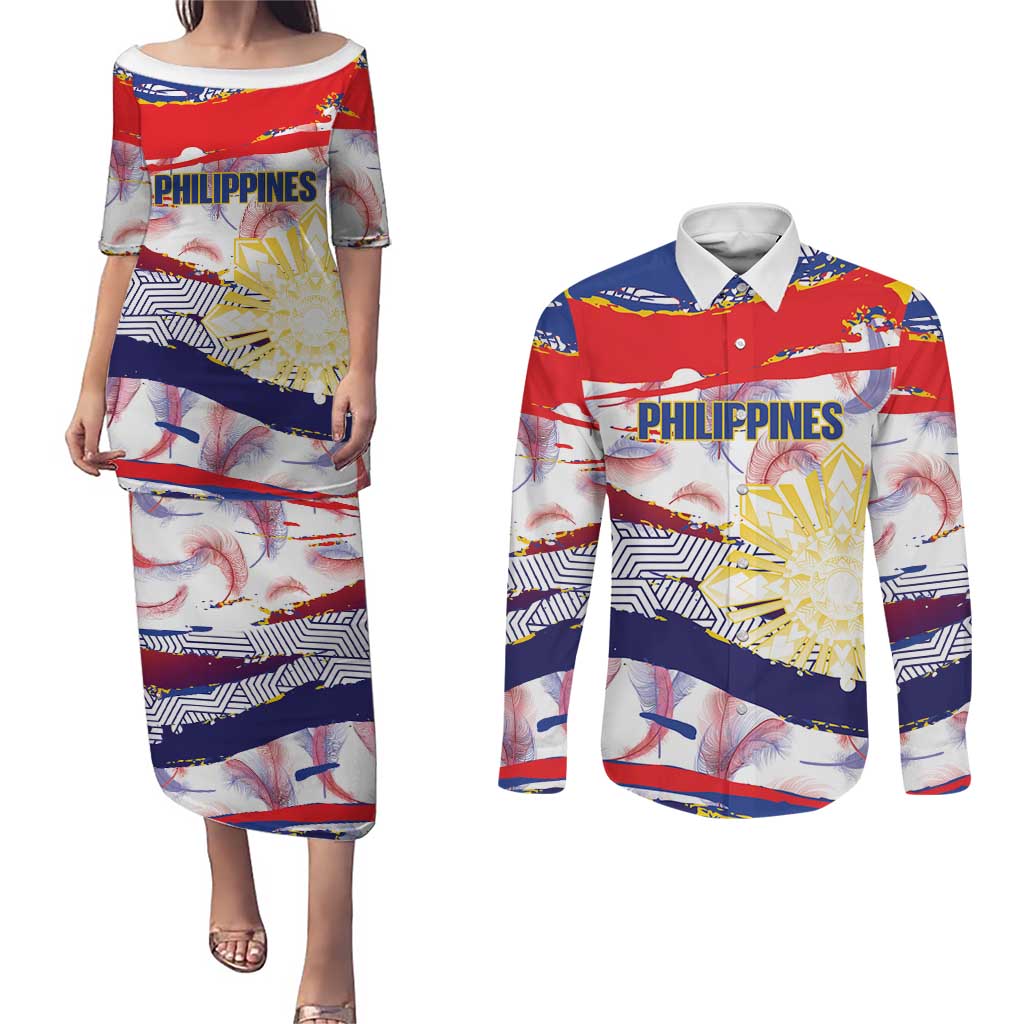 Philippines Sun Tattoo Couples Matching Puletasi and Long Sleeve Button Shirt Feathers Filipinas Grunge Style White