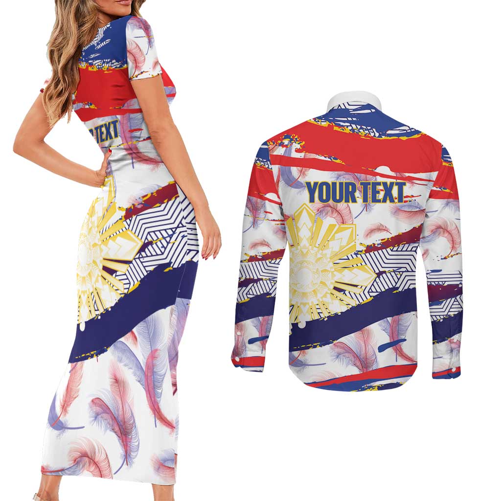 Philippines Sun Tattoo Couples Matching Short Sleeve Bodycon Dress and Long Sleeve Button Shirt Feathers Filipinas Grunge Style White