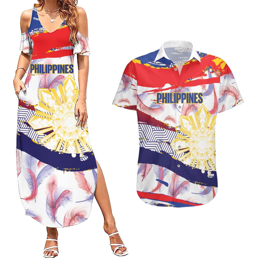 Philippines Sun Tattoo Couples Matching Summer Maxi Dress and Hawaiian Shirt Feathers Filipinas Grunge Style White LT14 White - Polynesian Pride