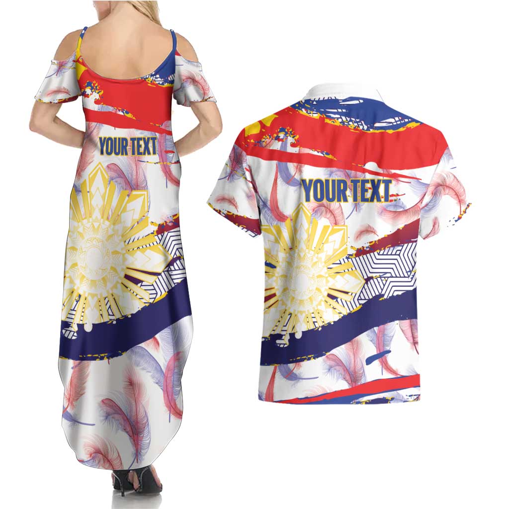 Philippines Sun Tattoo Couples Matching Summer Maxi Dress and Hawaiian Shirt Feathers Filipinas Grunge Style White LT14 - Polynesian Pride