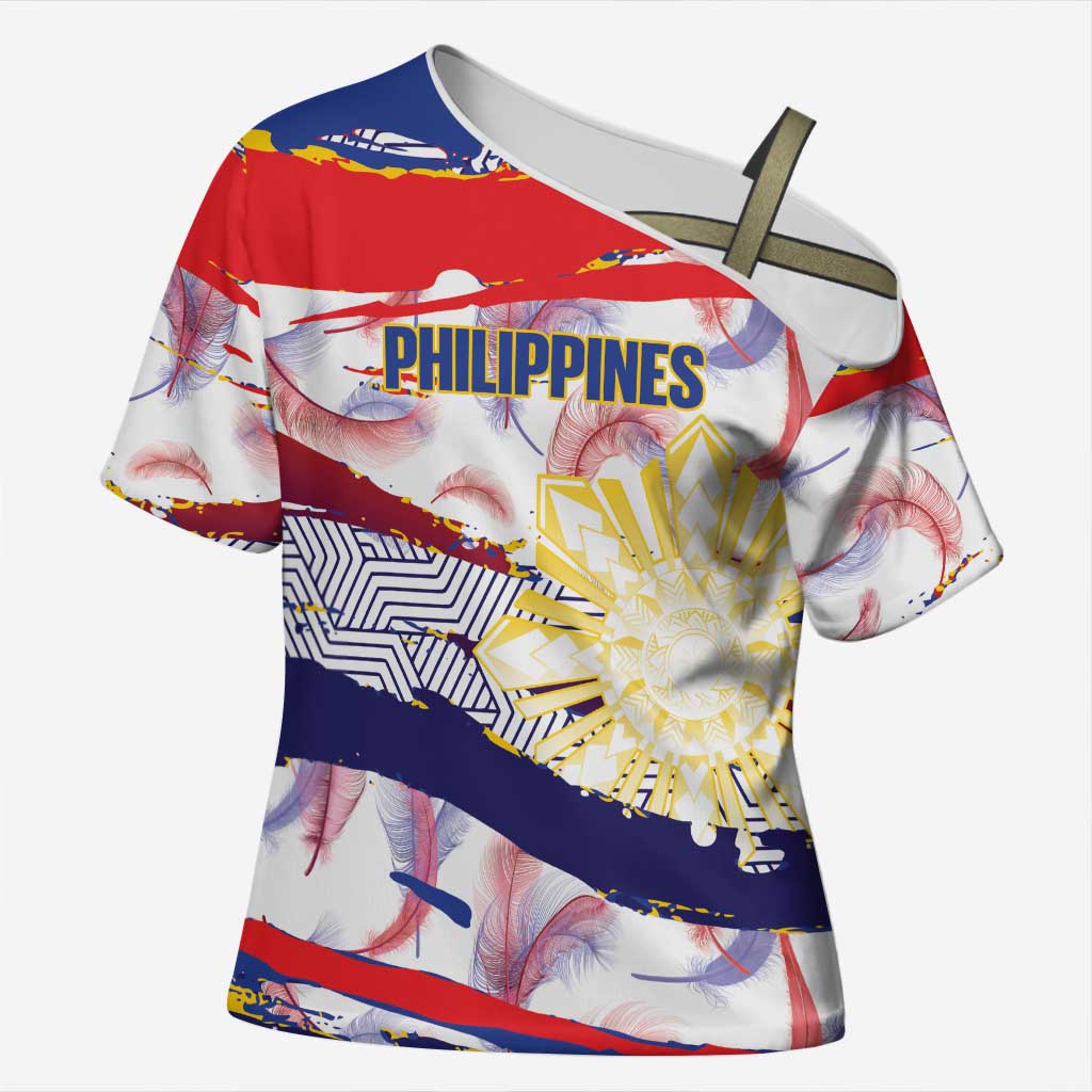 Philippines Sun Tattoo Cross Shoulder Shirt Feathers Filipinas Grunge Style White