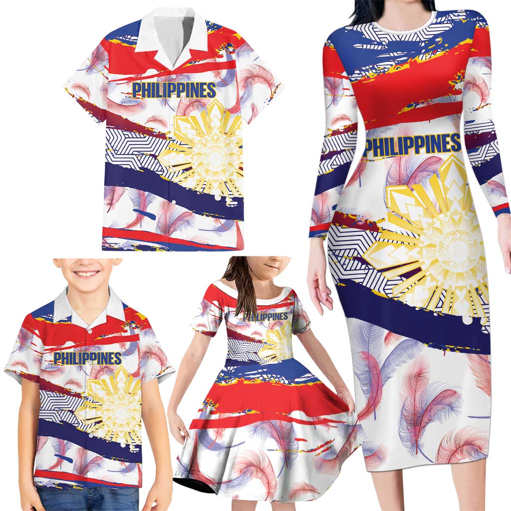 Philippines Sun Tattoo Family Matching Long Sleeve Bodycon Dress and Hawaiian Shirt Feathers Filipinas Grunge Style White