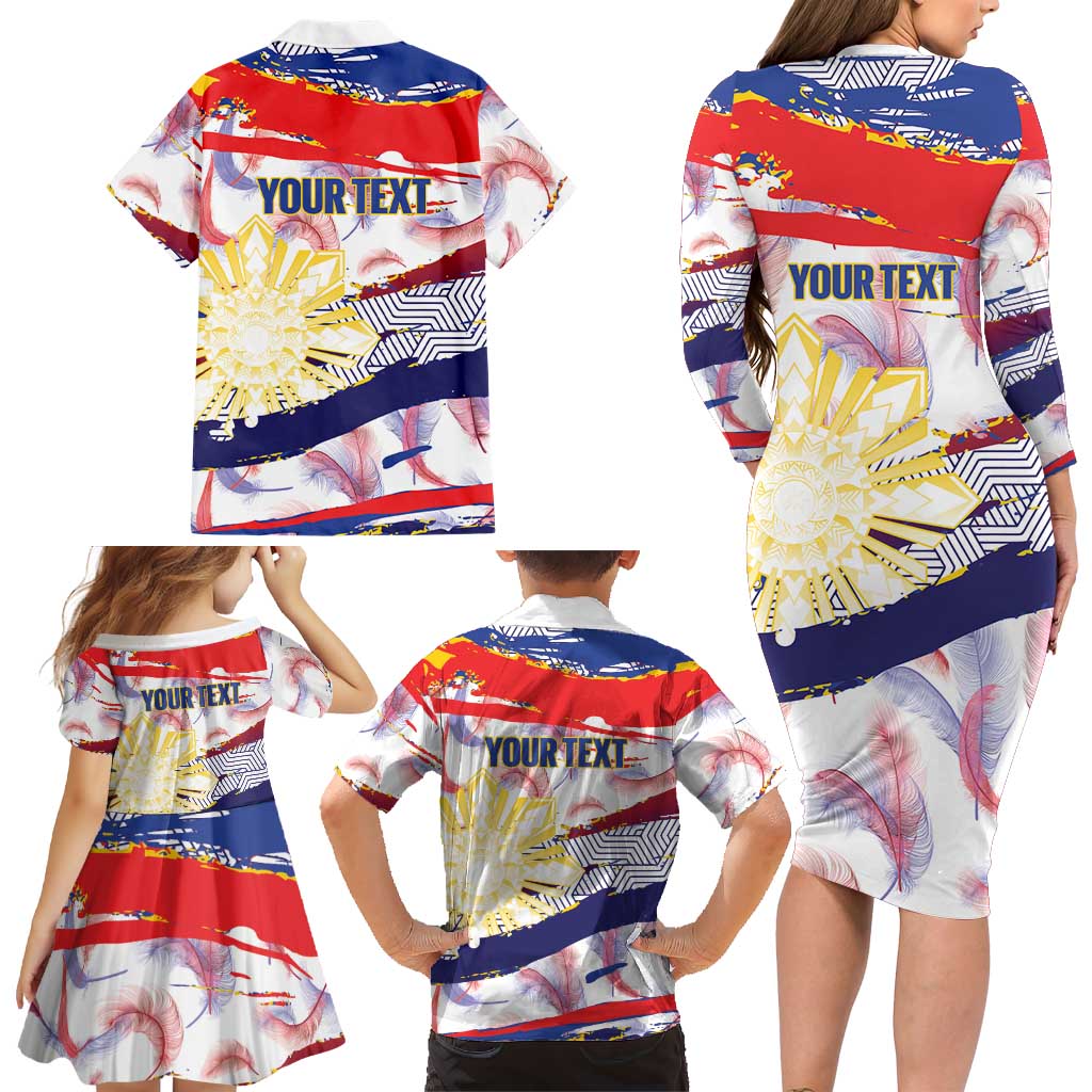 Philippines Sun Tattoo Family Matching Long Sleeve Bodycon Dress and Hawaiian Shirt Feathers Filipinas Grunge Style White LT14 - Polynesian Pride