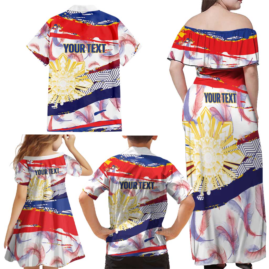 Philippines Sun Tattoo Family Matching Off Shoulder Maxi Dress and Hawaiian Shirt Feathers Filipinas Grunge Style White LT14 - Polynesian Pride