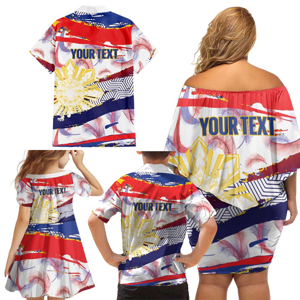 Philippines Sun Tattoo Family Matching Off Shoulder Short Dress and Hawaiian Shirt Feathers Filipinas Grunge Style White LT14 - Polynesian Pride
