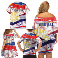Philippines Sun Tattoo Family Matching Off Shoulder Short Dress and Hawaiian Shirt Feathers Filipinas Grunge Style White LT14 - Polynesian Pride