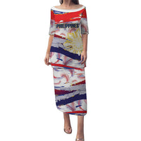Philippines Sun Tattoo Family Matching Puletasi and Hawaiian Shirt Feathers Filipinas Grunge Style White