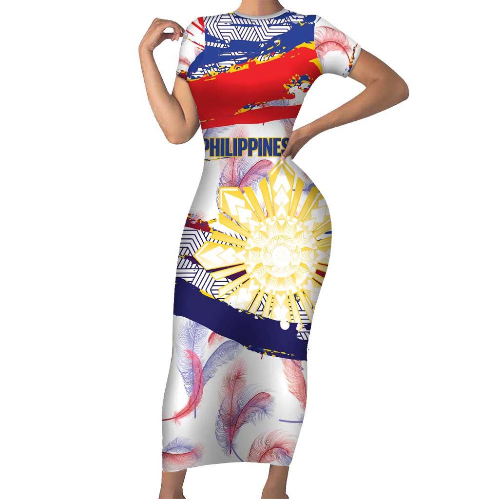 Philippines Sun Tattoo Family Matching Short Sleeve Bodycon Dress and Hawaiian Shirt Feathers Filipinas Grunge Style White LT14 Mom's Dress White - Polynesian Pride