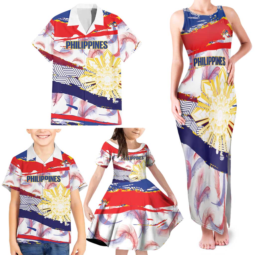 Philippines Sun Tattoo Family Matching Tank Maxi Dress and Hawaiian Shirt Feathers Filipinas Grunge Style White