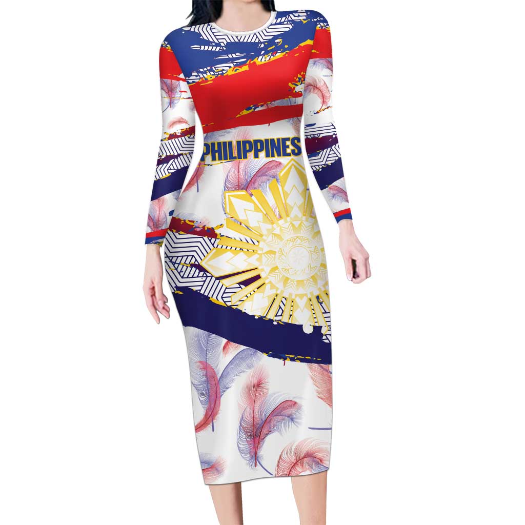 Philippines Sun Tattoo Long Sleeve Bodycon Dress Feathers Filipinas Grunge Style White