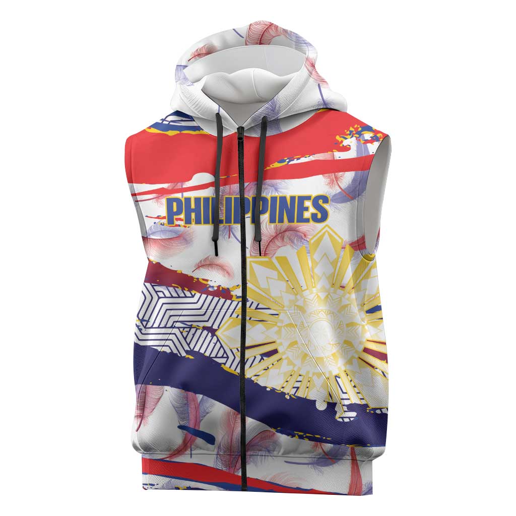 Philippines Sun Tattoo Sleeveless Zip Hoodie Feathers Filipinas Grunge Style White
