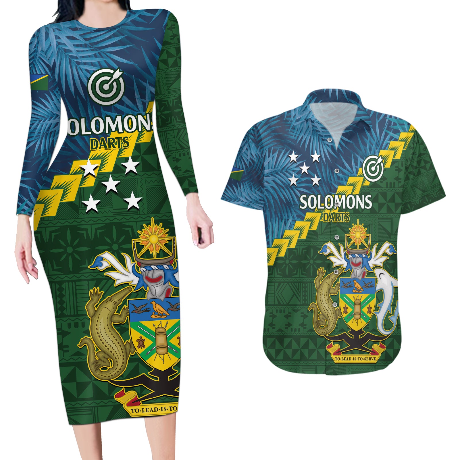 Personalised Solomon Islands Darts Couples Matching Long Sleeve Bodycon Dress and Hawaiian Shirt Tropical Leaves Melanesian Pattern