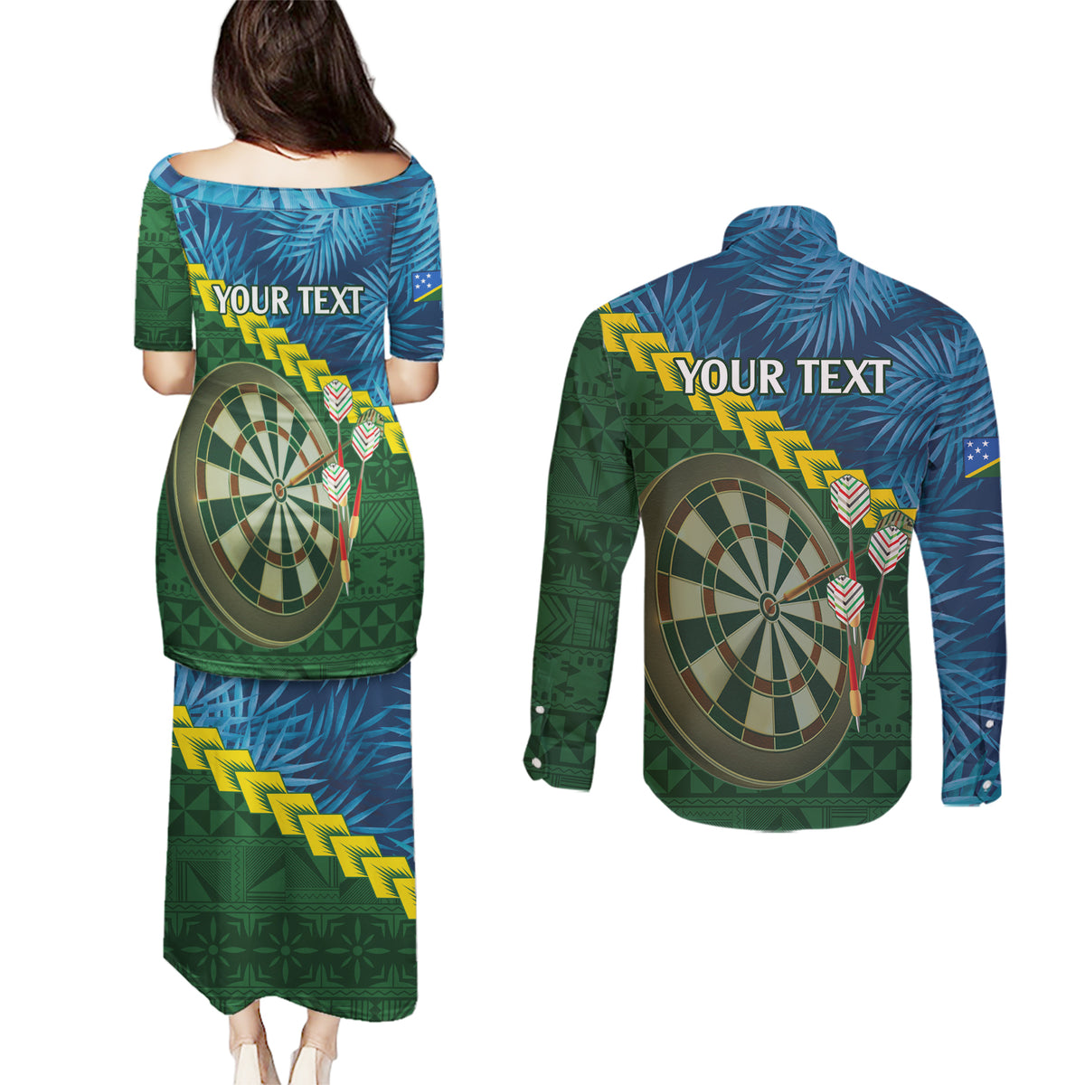 Personalised Solomon Islands Darts Couples Matching Puletasi and Long Sleeve Button Shirt Tropical Leaves Melanesian Pattern