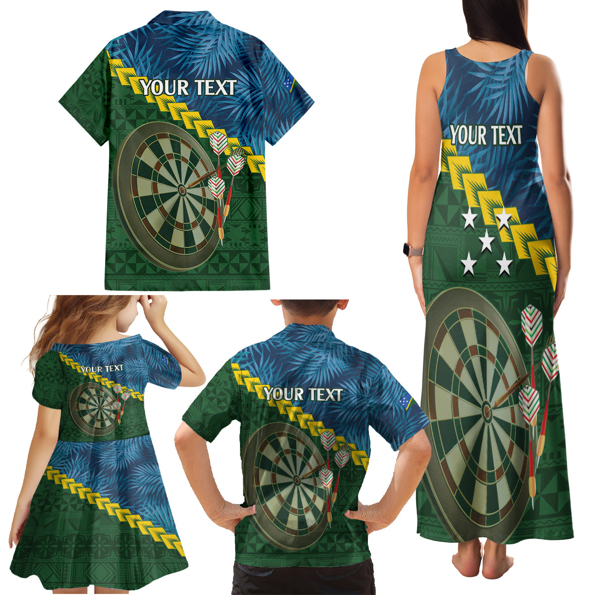 Personalised Solomon Islands Darts Family Matching Tank Maxi Dress and Hawaiian Shirt Tropical Leaves Melanesian Pattern