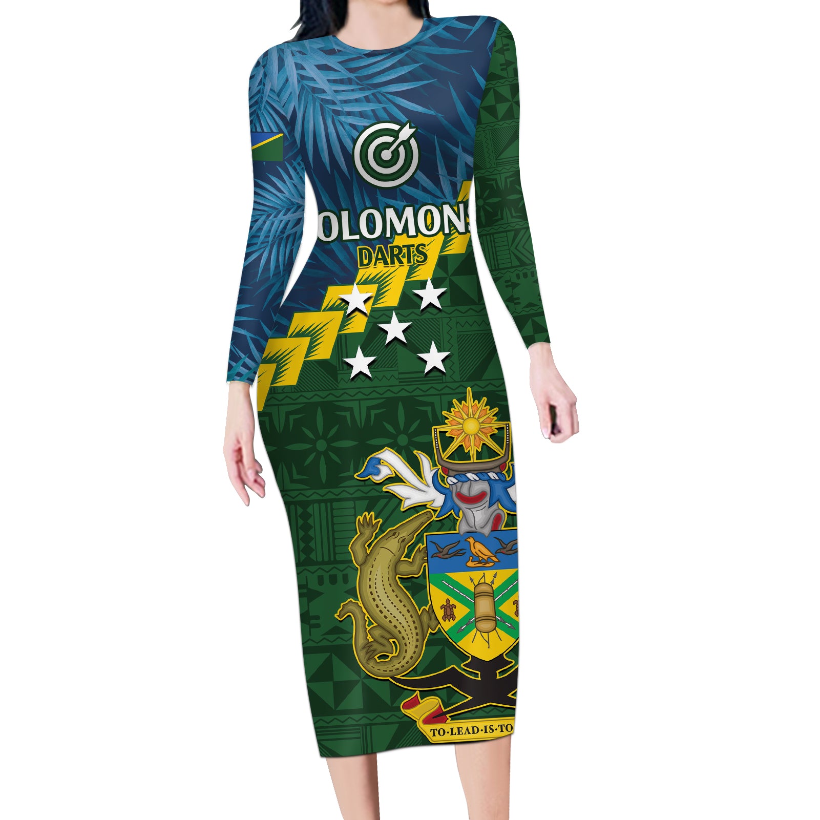 Personalised Solomon Islands Darts Long Sleeve Bodycon Dress Tropical Leaves Melanesian Pattern