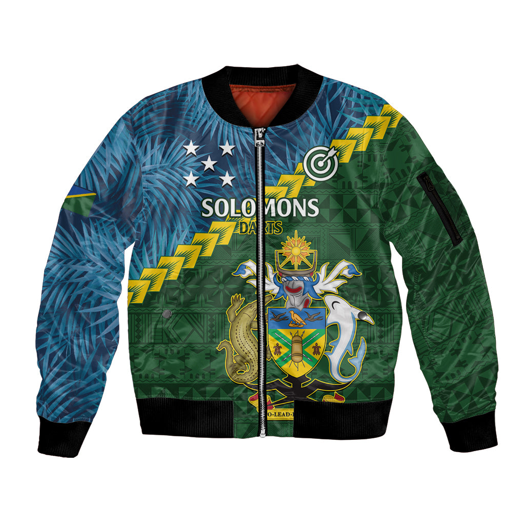 Personalised Solomon Islands Darts Sleeve Zip Bomber Jacket Tropical Leaves Melanesian Pattern