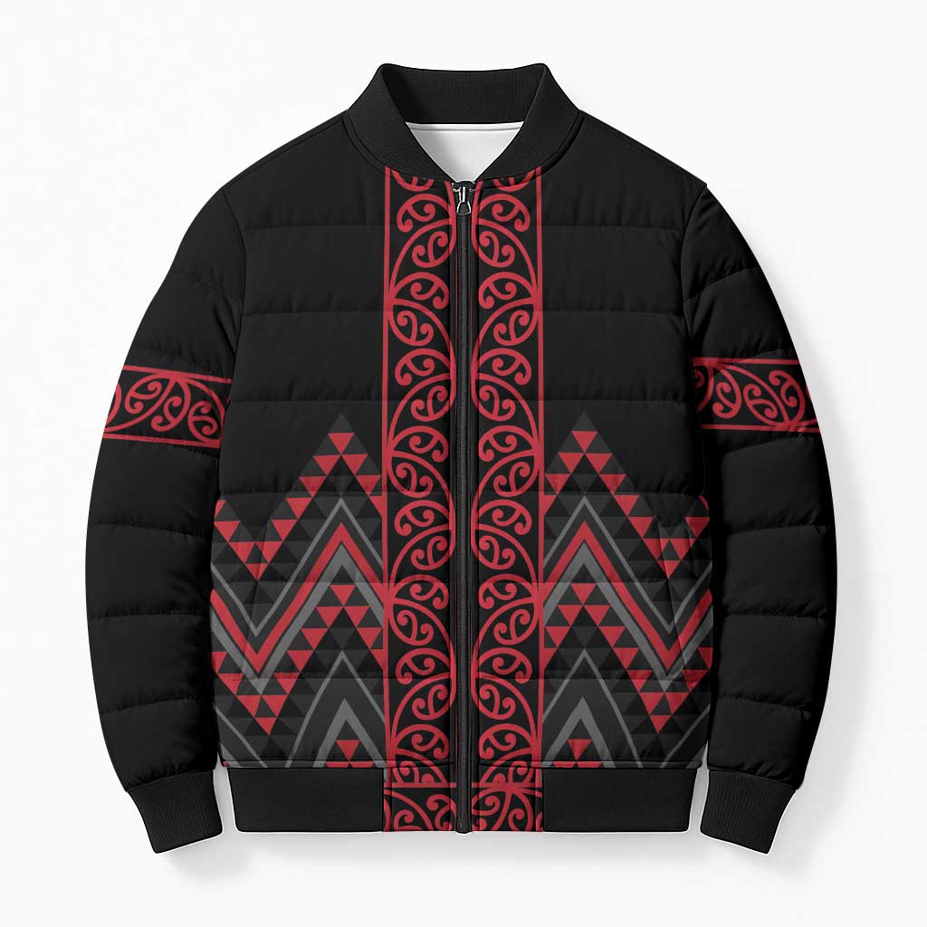 Red Aotearoa Mangopare Kowhaiwhai Niho Taniwha Bomber Puffer Jacket Maori New Zealand - Polynesian Pride
