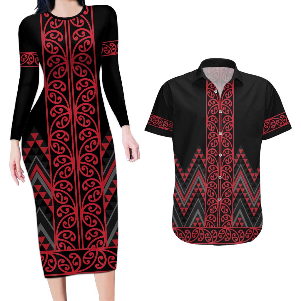 Red Aotearoa Mangopare Kowhaiwhai and Niho Taniwha Couples Matching Long Sleeve Bodycon Dress and Hawaiian Shirt Maori New Zealand LT14 Red - Polynesian Pride