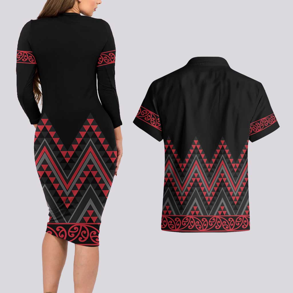 Red Aotearoa Mangopare Kowhaiwhai and Niho Taniwha Couples Matching Long Sleeve Bodycon Dress and Hawaiian Shirt Maori New Zealand LT14 - Polynesian Pride