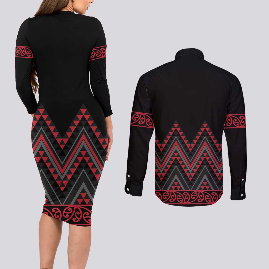 Red Aotearoa Mangopare Kowhaiwhai and Niho Taniwha Couples Matching Long Sleeve Bodycon Dress and Long Sleeve Button Shirt Maori New Zealand