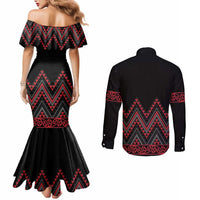Red Aotearoa Mangopare Kowhaiwhai and Niho Taniwha Couples Matching Mermaid Dress and Long Sleeve Button Shirt Maori New Zealand
