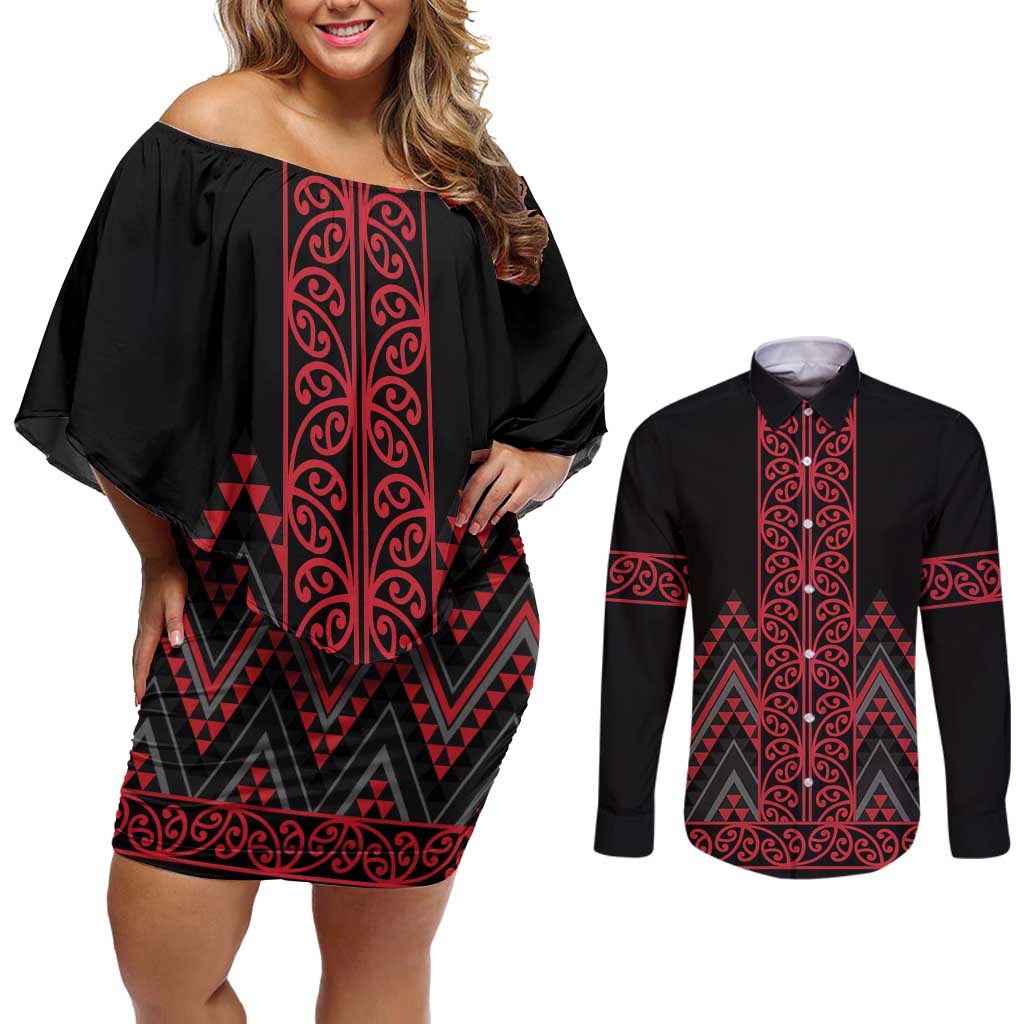 Red Aotearoa Mangopare Kowhaiwhai and Niho Taniwha Couples Matching Off Shoulder Short Dress and Long Sleeve Button Shirt Maori New Zealand