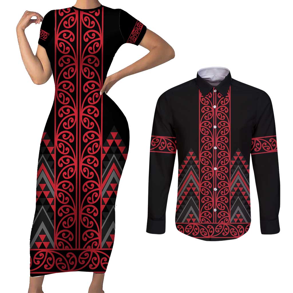 Red Aotearoa Mangopare Kowhaiwhai and Niho Taniwha Couples Matching Short Sleeve Bodycon Dress and Long Sleeve Button Shirt Maori New Zealand