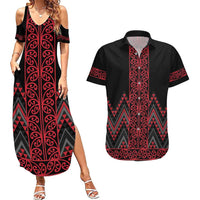 Red Aotearoa Mangopare Kowhaiwhai and Niho Taniwha Couples Matching Summer Maxi Dress and Hawaiian Shirt Maori New Zealand LT14 Red - Polynesian Pride