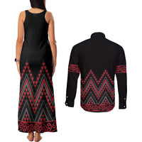 Red Aotearoa Mangopare Kowhaiwhai and Niho Taniwha Couples Matching Tank Maxi Dress and Long Sleeve Button Shirt Maori New Zealand