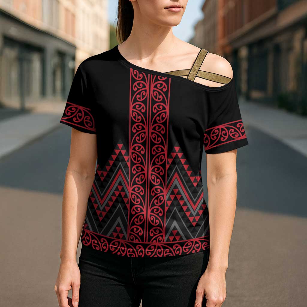 Red Aotearoa Mangopare Kowhaiwhai Niho Taniwha Cross Shoulder Shirt Maori New Zealand - Polynesian Pride