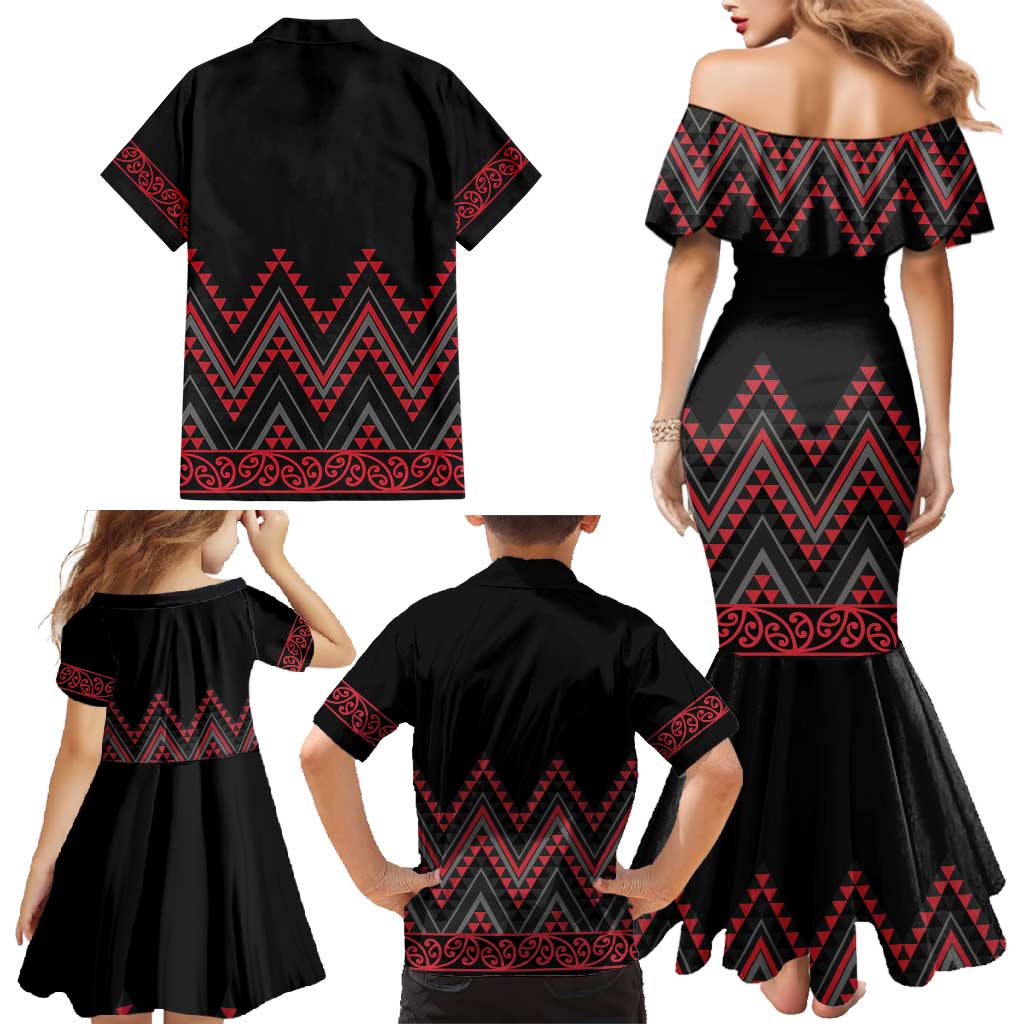Red Aotearoa Mangopare Kowhaiwhai and Niho Taniwha Family Matching Mermaid Dress and Hawaiian Shirt Maori New Zealand LT14 - Polynesian Pride