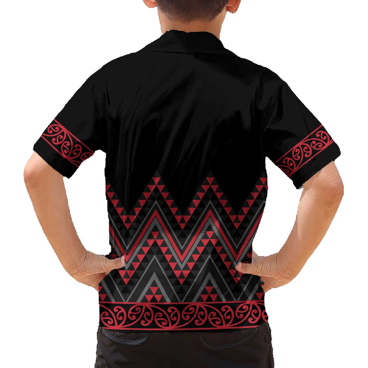 Red Aotearoa Mangopare Kowhaiwhai and Niho Taniwha Family Matching Off The Shoulder Long Sleeve Dress and Hawaiian Shirt Maori New Zealand LT14 - Polynesian Pride